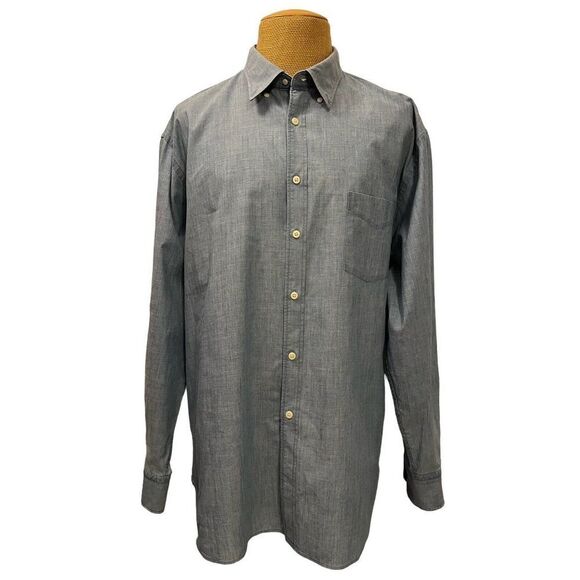 Peter Millar Men's Long Sleeve Dress Shirt Blue Denim Style Logo Blue Size 2XL - Picture 2 of 11